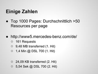 Einige Zahlen
● Top 1000 Pages: Durchschnittlich >50
  Resources per page

● http://www5.mercedes-benz.com/de/
  ○ 161 Requests
  ○ 9,48 MB transferred (1. Hit)
  ○ 1,4 Min @ DSL 700 (1. Hit)

  ○ 24,09 KB transferred (2. Hit)
  ○ 5,54 Sek @ DSL 700 (2. Hit)
 