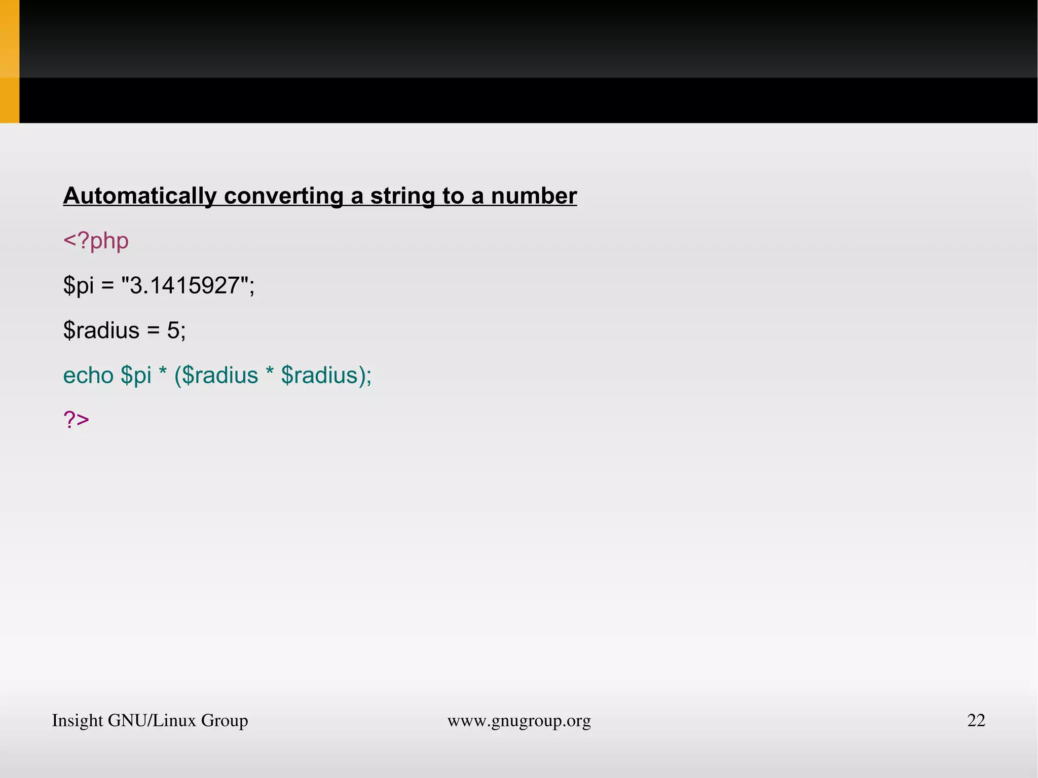 e.g <?php // test1.php $username = &quot;Fred Smith&quot;; echo $username; echo &quot;<br />&quot;; $current_user = $username; echo $current_user; ?> Call it up by entering the URL of your web development directory and the filename test1.php into the address bar of your browser. 