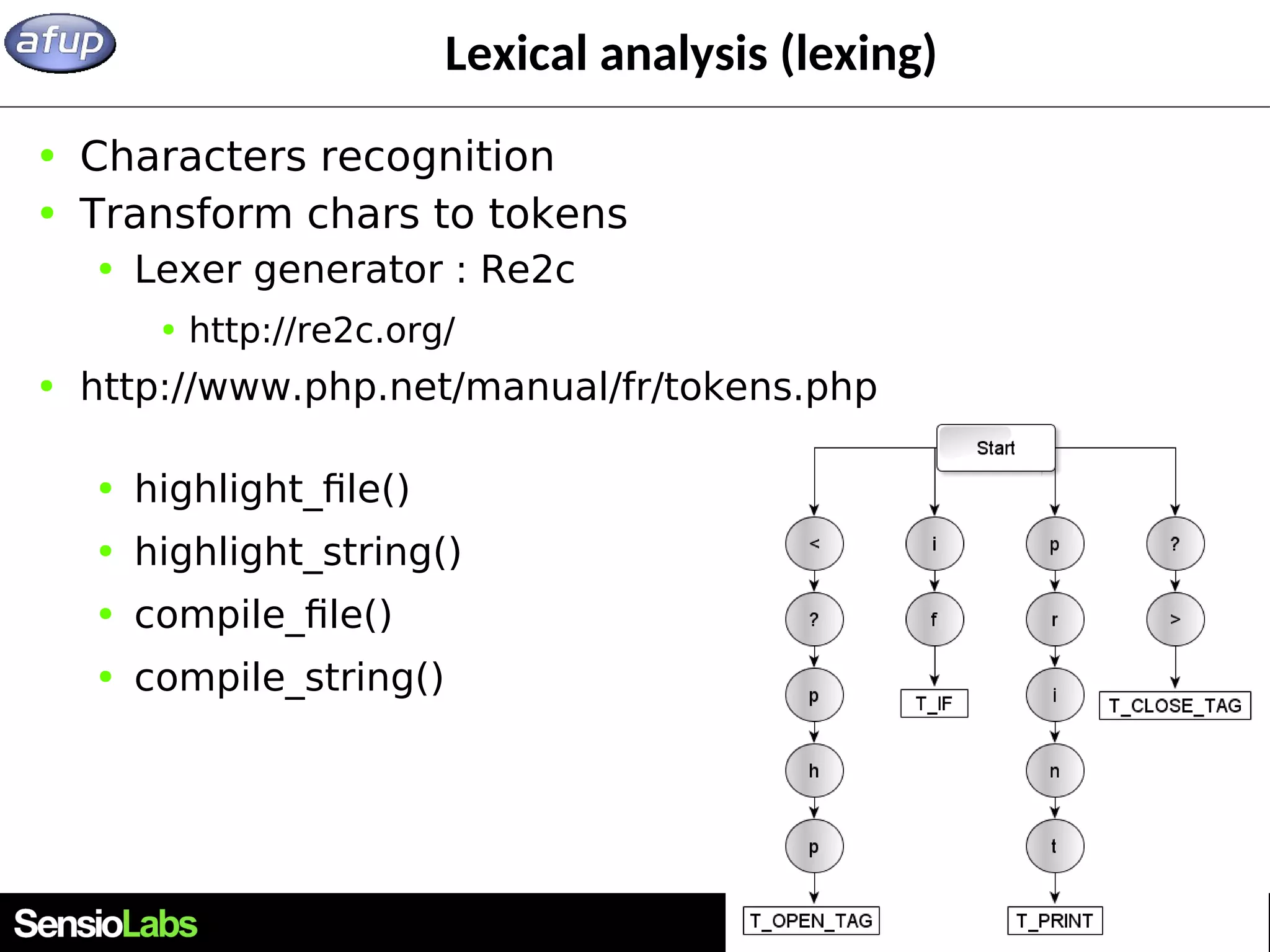 9 Lexical analysis (lexing) ● Characters recognition ● Transform chars to tokens ● Lexer generator : Re2c ● http://re2c.org/ ● http://www.php.net/manual/fr/tokens.php ● highlight_file() ● highlight_string() ● compile_file() ● compile_string() 