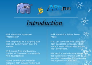 •PHP stands for Hypertext
Preprocessor
•PHP originated as a scripting tool
that has quickly taken over the
internet
•PHP is also free and boasts a
number of frameworks to simplify
web development
•Some of the major websites
written in PHP include Twitter and
•ASP stands for Active Server
Pages
•You can code ASP.NET using any
.NET supported language, which
made it especially popular among
.NET developers.
•Microsoft’s early domination of
the web browser market with IE
was also responsible for increasing
the popularity of ASP.NET.
 