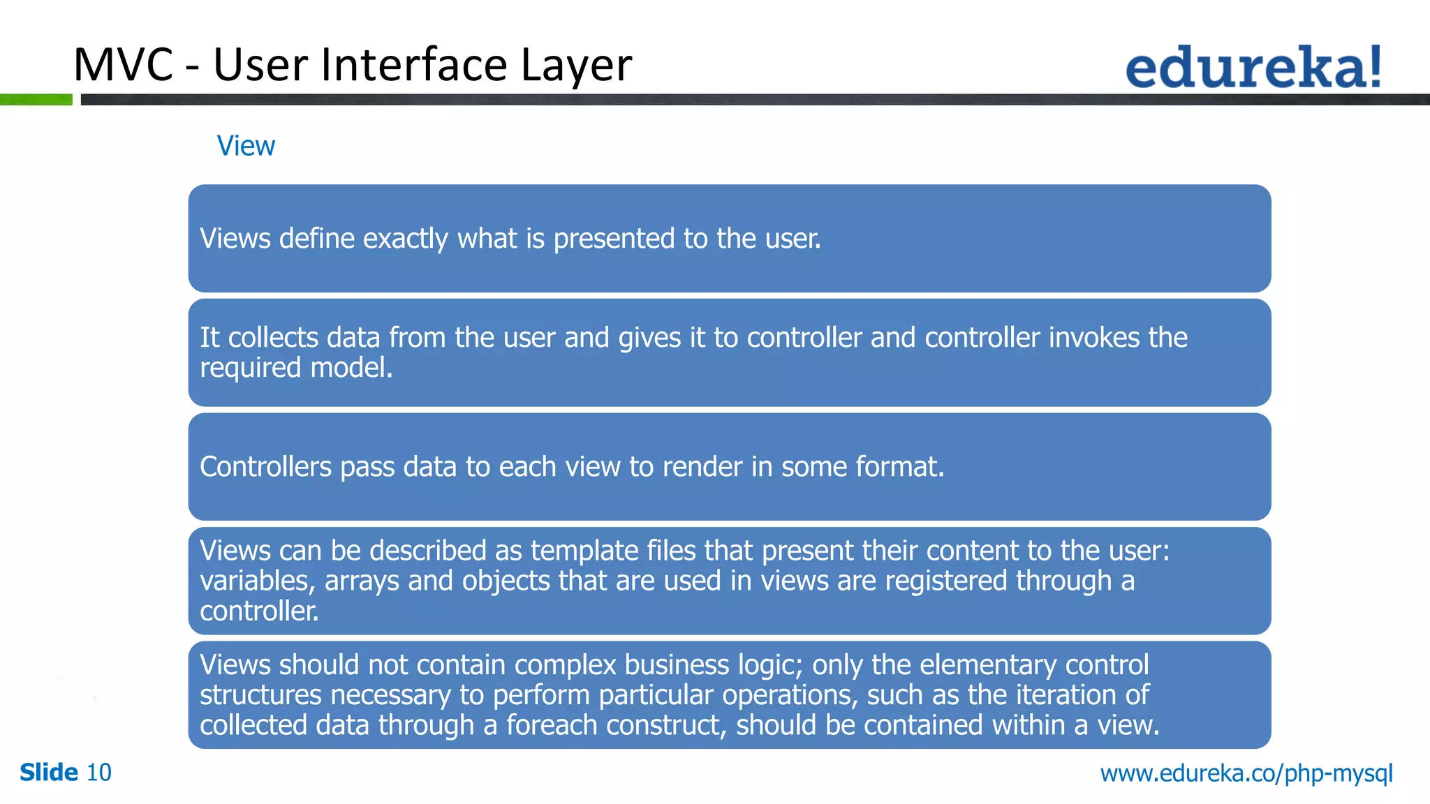 Slide 10 www.edureka.co/php-mysql View Views define exactly what is presented to the user. It collects data from the user and gives it to controller and controller invokes the required model. Controllers pass data to each view to render in some format. Views can be described as template files that present their content to the user: variables, arrays and objects that are used in views are registered through a controller. Views should not contain complex business logic; only the elementary control structures necessary to perform particular operations, such as the iteration of collected data through a foreach construct, should be contained within a view. MVC - User Interface Layer 