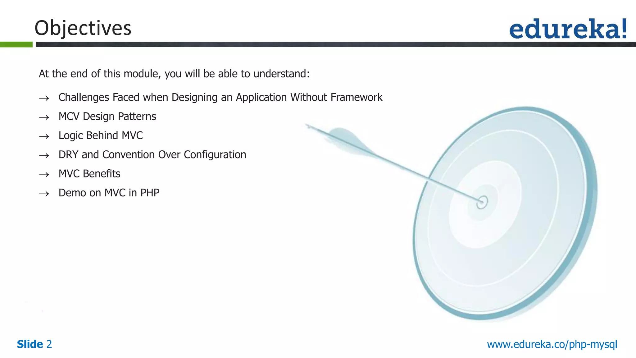 Slide 2 www.edureka.co/php-mysql Objectives At the end of this module, you will be able to understand:  Challenges Faced when Designing an Application Without Framework  MCV Design Patterns  Logic Behind MVC  DRY and Convention Over Configuration  MVC Benefits  Demo on MVC in PHP 