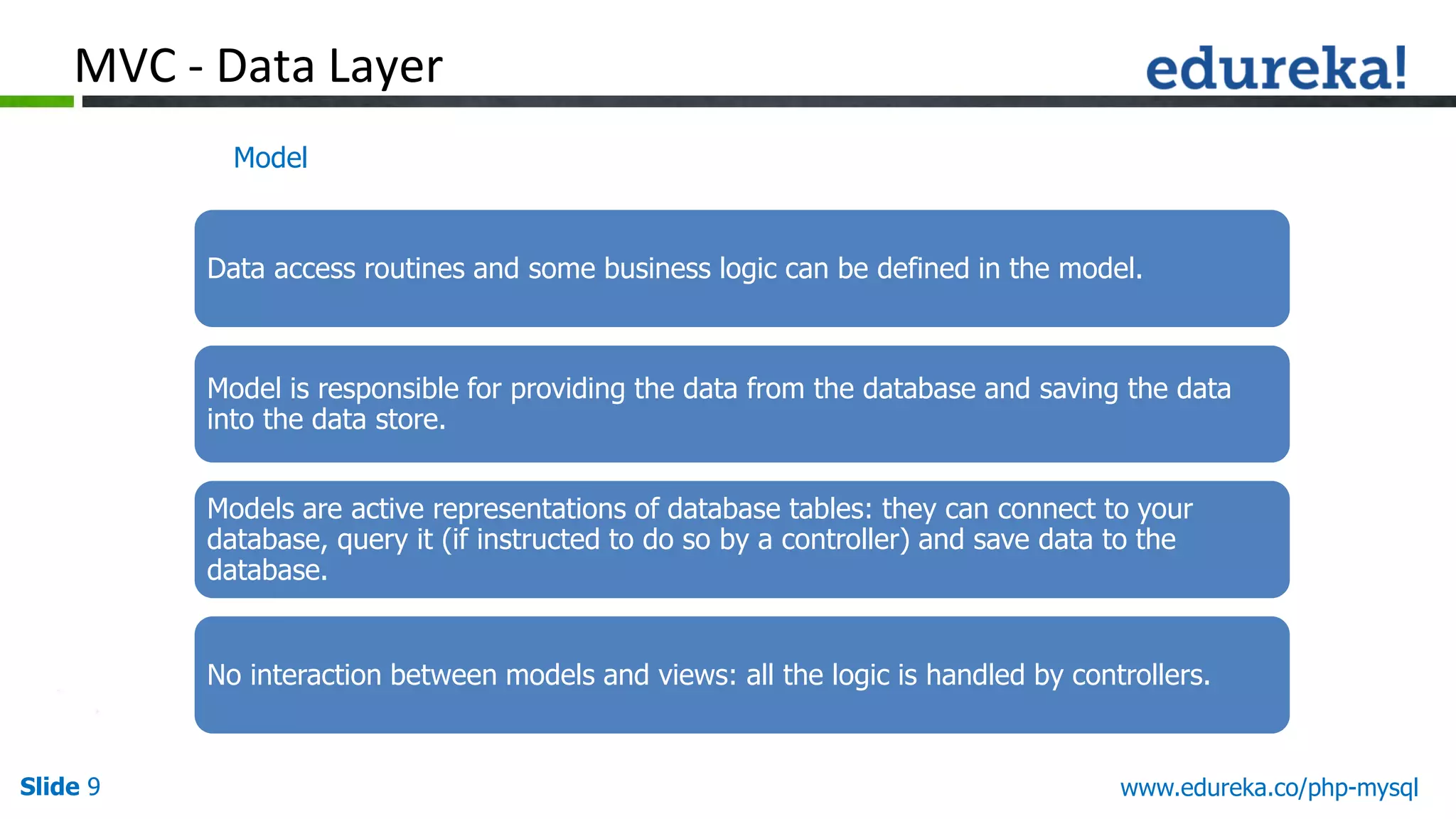 Slide 9 www.edureka.co/php-mysql Model Data access routines and some business logic can be defined in the model. Model is responsible for providing the data from the database and saving the data into the data store. Models are active representations of database tables: they can connect to your database, query it (if instructed to do so by a controller) and save data to the database. No interaction between models and views: all the logic is handled by controllers. MVC - Data Layer 