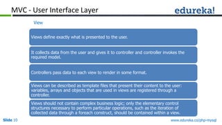 Slide 10 www.edureka.co/php-mysql
View
Views define exactly what is presented to the user.
It collects data from the user and gives it to controller and controller invokes the
required model.
Controllers pass data to each view to render in some format.
Views can be described as template files that present their content to the user:
variables, arrays and objects that are used in views are registered through a
controller.
Views should not contain complex business logic; only the elementary control
structures necessary to perform particular operations, such as the iteration of
collected data through a foreach construct, should be contained within a view.
MVC - User Interface Layer
 