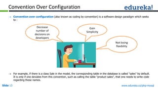 Slide 13 www.edureka.co/php-mysql
Convention Over Configuration
 Convention over configuration (also known as coding by convention) is a software design paradigm which seeks
to :
 For example, if there is a class Sale in the model, the corresponding table in the database is called "sales" by default.
It is only if one deviates from this convention, such as calling the table "product sales", that one needs to write code
regarding these names.
Not losing
flexibility
Decrease
number of
decisions on
developers
Gain
Simplicity
 