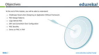 Slide 2 www.edureka.co/php-mysql
Objectives
At the end of this module, you will be able to understand:
 Challenges Faced when Designing an Application Without Framework
 MCV Design Patterns
 Logic Behind MVC
 DRY and Convention Over Configuration
 MVC Benefits
 Demo on MVC in PHP
 