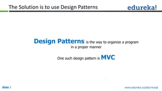 Slide 5 www.edureka.co/php-mysql
The Solution is to use Design Patterns
Design Patterns is the way to organize a program
in a proper manner
One such design pattern is MVC
 