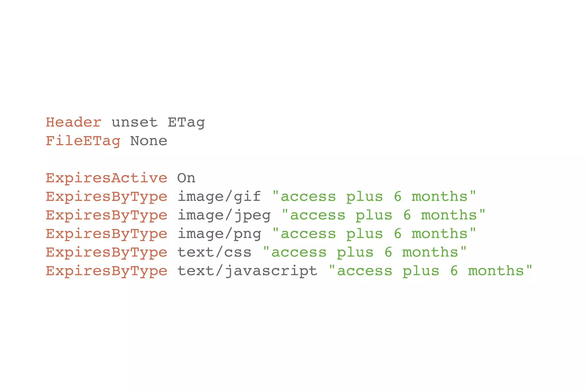 Header unset ETag! 
FileETag None 
! 
ExpiresActive On! 
ExpiresByType image/gif "access plus 6 months"! 
ExpiresByType image/jpeg "access plus 6 months"! 
ExpiresByType image/png "access plus 6 months"! 
ExpiresByType text/css "access plus 6 months"! 
ExpiresByType text/javascript "access plus 6 months" 
 