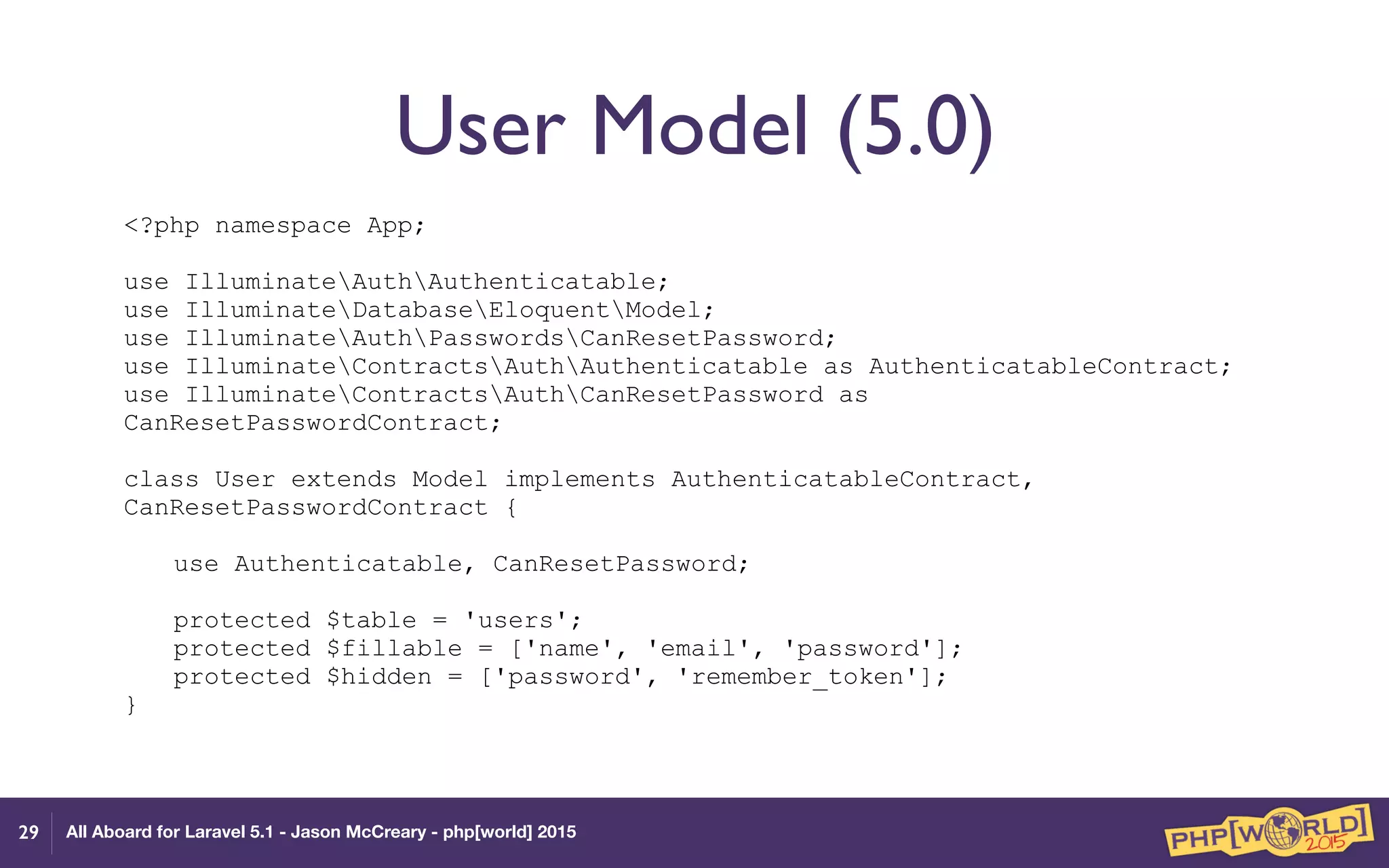 All Aboard for Laravel 5.1 - Jason McCreary - php[world] 2015
User Model (5.0)
<?php namespace App; 
 
use IlluminateAuthAuthenticatable; 
use IlluminateDatabaseEloquentModel; 
use IlluminateAuthPasswordsCanResetPassword; 
use IlluminateContractsAuthAuthenticatable as AuthenticatableContract; 
use IlluminateContractsAuthCanResetPassword as
CanResetPasswordContract; 
 
class User extends Model implements AuthenticatableContract,
CanResetPasswordContract { 
 
use Authenticatable, CanResetPassword; 
 
protected $table = 'users'; 
protected $fillable = ['name', 'email', 'password']; 
protected $hidden = ['password', 'remember_token']; 
}
29
 