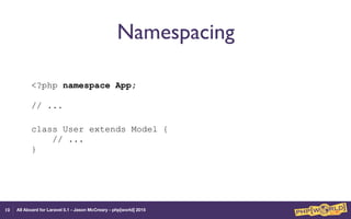All Aboard for Laravel 5.1 - Jason McCreary - php[world] 2015
Namespacing
<?php namespace App; 
 
// ...
 
class User extends Model { 
// ... 
}
10
 