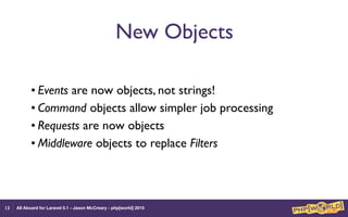 All Aboard for Laravel 5.1 - Jason McCreary - php[world] 2015
New Objects
• Events are now objects, not strings!
• Command objects allow simpler job processing
• Requests are now objects
• Middleware objects to replace Filters
13
 