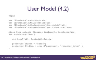 All Aboard for Laravel 5.1 - Jason McCreary - php[world] 2015
User Model (4.2)
<?php 
 
use IlluminateAuthUserTrait; 
use IlluminateAuthUserInterface; 
use IlluminateAuthRemindersRemindableTrait; 
use IlluminateAuthRemindersRemindableInterface; 
 
class User extends Eloquent implements UserInterface,
RemindableInterface { 
 
use UserTrait, RemindableTrait; 
 
protected $table = 'users'; 
protected $hidden = array('password', 'remember_token'); 
}
28
 