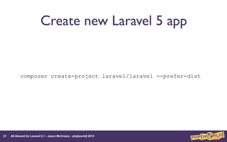 All Aboard for Laravel 5.1 - Jason McCreary - php[world] 2015
Create new Laravel 5 app
composer create-project laravel/laravel --prefer-dist
37
 