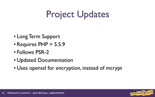 All Aboard for Laravel 5.1 - Jason McCreary - php[world] 2015
Project Updates
• Long Term Support
• Requires PHP > 5.5.9
• Follows PSR-2
• Updated Documentation
• Uses openssl for encryption, instead of mcrypt
55
 