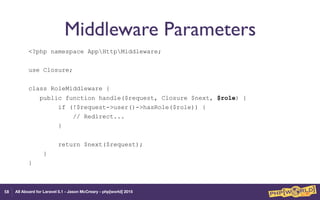 All Aboard for Laravel 5.1 - Jason McCreary - php[world] 2015
Middleware Parameters
<?php namespace AppHttpMiddleware;
use Closure;
class RoleMiddleware {
public function handle($request, Closure $next, $role) {
if (!$request->user()->hasRole($role)) {
// Redirect...
}
return $next($request);
}
}
58
 