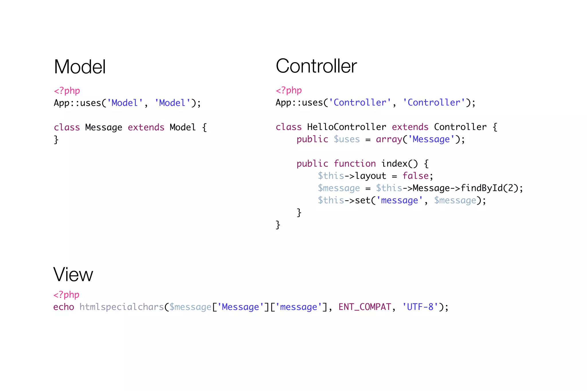 Model Controller 
<?php 
App::uses('Controller', 'Controller'); 
! 
class HelloController extends Controller { 
public $uses = array('Message'); 
! 
public function index() { 
$this->layout = false; 
$message = $this->Message->findById(2); 
$this->set('message', $message); 
} 
} 
<?php 
App::uses('Model', 'Model'); 
! 
class Message extends Model { 
} 
View 
<?php 
echo htmlspecialchars($message['Message']['message'], ENT_COMPAT, 'UTF-8'); 
 