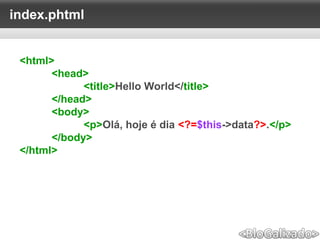 index.phtml
<html>
<head>
<title>Hello World</title>
</head>
<body>
<p>Olá, hoje é dia <?=$this->data?>.</p>
</body>
</html>
 