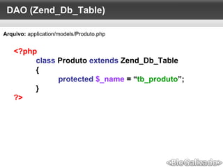 DAO (Zend_Db_Table)
<?php
class Produto extends Zend_Db_Table
{
protected $_name = “tb_produto”;
}
?>
Arquivo: application/models/Produto.php
 