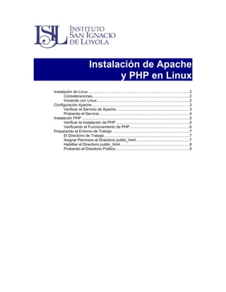 Instalación de Apache
y PHP en Linux
Instalación de Linux ...............................................................................................2
Consideraciones...........................................................................................2
Iniciando con Linux.......................................................................................2
Configuración Apache ...........................................................................................3
Verificar el Servicio de Apache.....................................................................3
Probando el Servicio ....................................................................................4
Instalación PHP .....................................................................................................5
Verificar la Instalación de PHP .....................................................................5
Verificando el Funcionamiento de PHP........................................................6
Preparando el Entorno de Trabajo ........................................................................7
El Directorio de Trabajo................................................................................7
Asignar Permisos al Directorio public_html ..................................................7
Habilitar el Directorio public_html .................................................................8
Probando el Directorio Público .....................................................................9

 