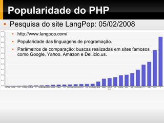 Popularidade do PHP
 Pesquisa do site LangPop: 05/02/2008
 http://www.langpop.com/
 Popularidade das linguagens de programação.
 Parâmetros de comparação: buscas realizadas em sites famosos
como Google, Yahoo, Amazon e Del.icio.us.
 