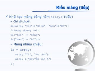 Kiểu mảng (tiếp)

 Khởi tạo mảng bằng hàm array()(tiếp)
  – Chỉ số chuỗi:
  $a=array(“ten”=>”Hồng”, “mau”=>”Đỏ”);
  /*Tương đương với:
  $a[“ten”] = “Hồng”;
  $a[“mau”] = “Đỏ”;*/
  – Mảng nhiều chiều:
  $a = array(
       array(“TT”, “Họ tên”),
       array(1,”Nguyễn Văn A”)
  );
 