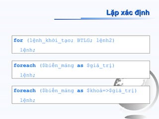 Lặp xác định


for (lệnh_khởi_tạo; BTLG; lệnh2)
  lệnh;

foreach ($biến_mảng as $giá_trị)
  lệnh;

foreach ($biến_mảng as $khoá=>$giá_trị)
  lệnh;
 
