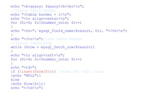 echo "<b>query: $query</b><br>n";
//layout table header
echo "<table border = 1>n";
echo "<tr align=center>n";
for ($i=0; $i<$number_cols; $i++)
{
echo "<th>", mysql_field_name($result, $i), "</th>n";
}
echo "</tr>n";//end table header
//layout table body
while ($row = mysql_fetch_row($result))
{
echo "<tr align=left>n";
for ($i=0; $i<$number_cols; $i++)
{
echo "<td>";
if (!isset($row[$i])) //test for null value
{echo "NULL";}
else
{echo $row[$i];}
echo "</td>n";
 