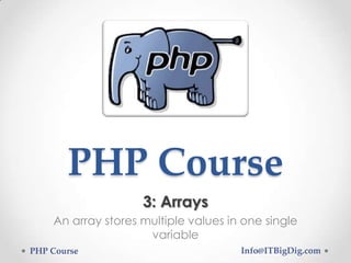 PHP Course
3: Arrays
An array stores multiple values in one single
variable
PHP Course Info@ITBigDig.com
 