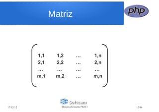 Matriz



           1,1    1,2          …            1,n
           2,1    2,2          …            2,n
           …      …            …            …
           m,1    m,2          …            m,n




17/12/12            Desenvolvimento Web I         12/46
 