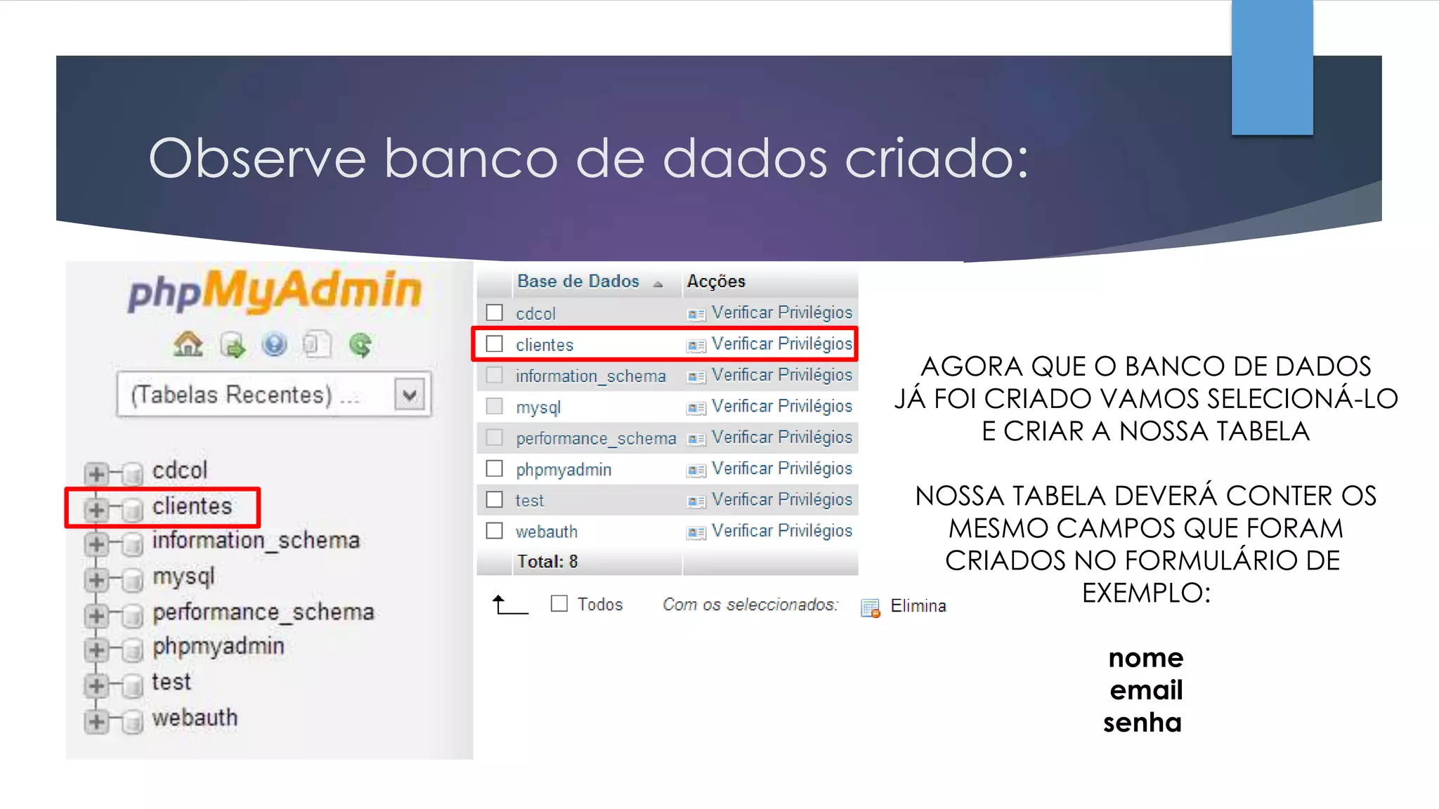 Observe banco de dados criado:

AGORA QUE O BANCO DE DADOS
JÁ FOI CRIADO VAMOS SELECIONÁ-LO
E CRIAR A NOSSA TABELA
NOSSA TABELA DEVERÁ CONTER OS
MESMO CAMPOS QUE FORAM
CRIADOS NO FORMULÁRIO DE
EXEMPLO:
nome
email
senha

 