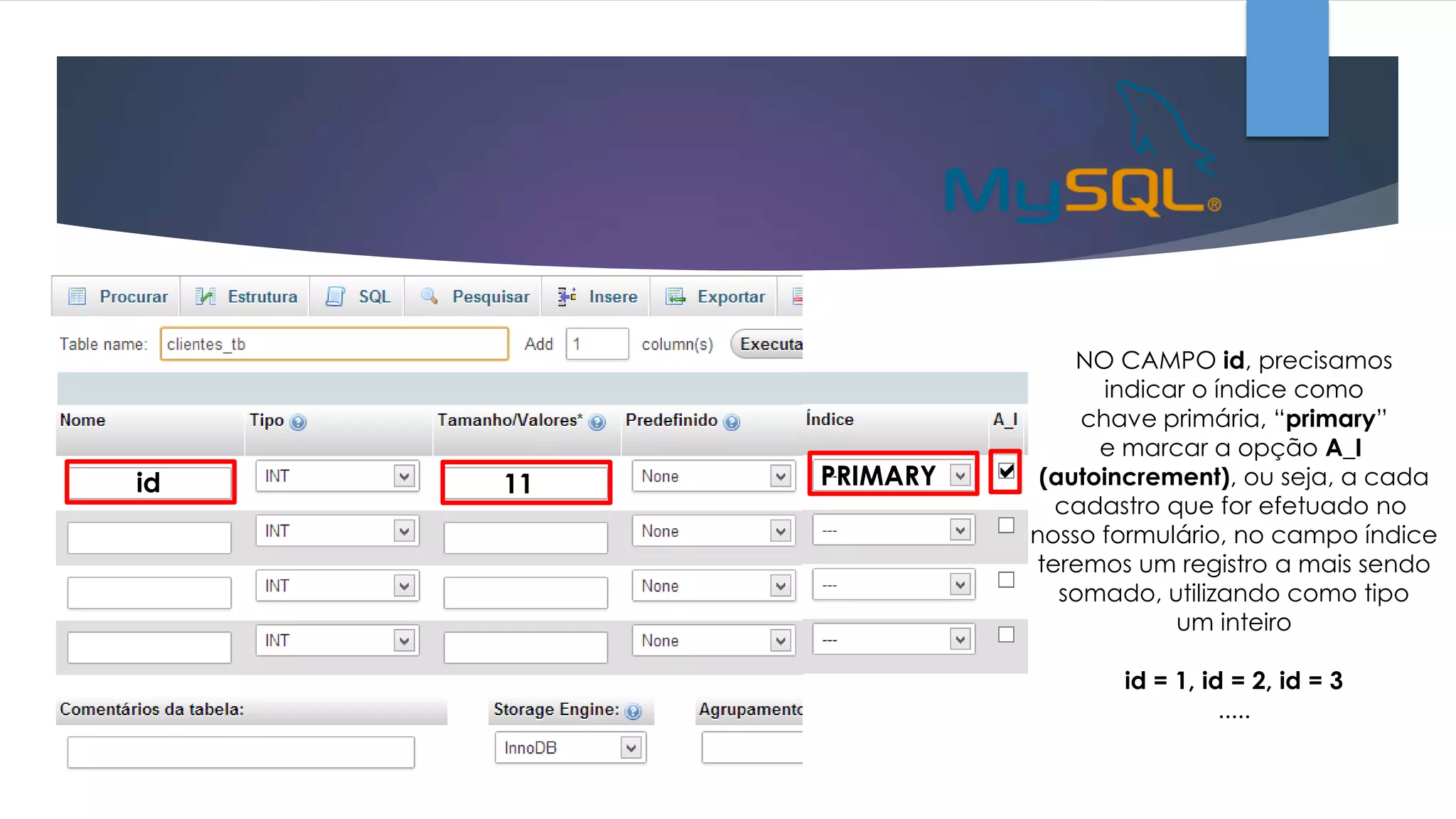 id

11

PRIMARY

NO CAMPO id, precisamos
indicar o índice como
chave primária, “primary”
e marcar a opção A_I
 (autoincrement), ou seja, a cada
cadastro que for efetuado no
nosso formulário, no campo índice
teremos um registro a mais sendo
somado, utilizando como tipo
um inteiro
id = 1, id = 2, id = 3
.....

 