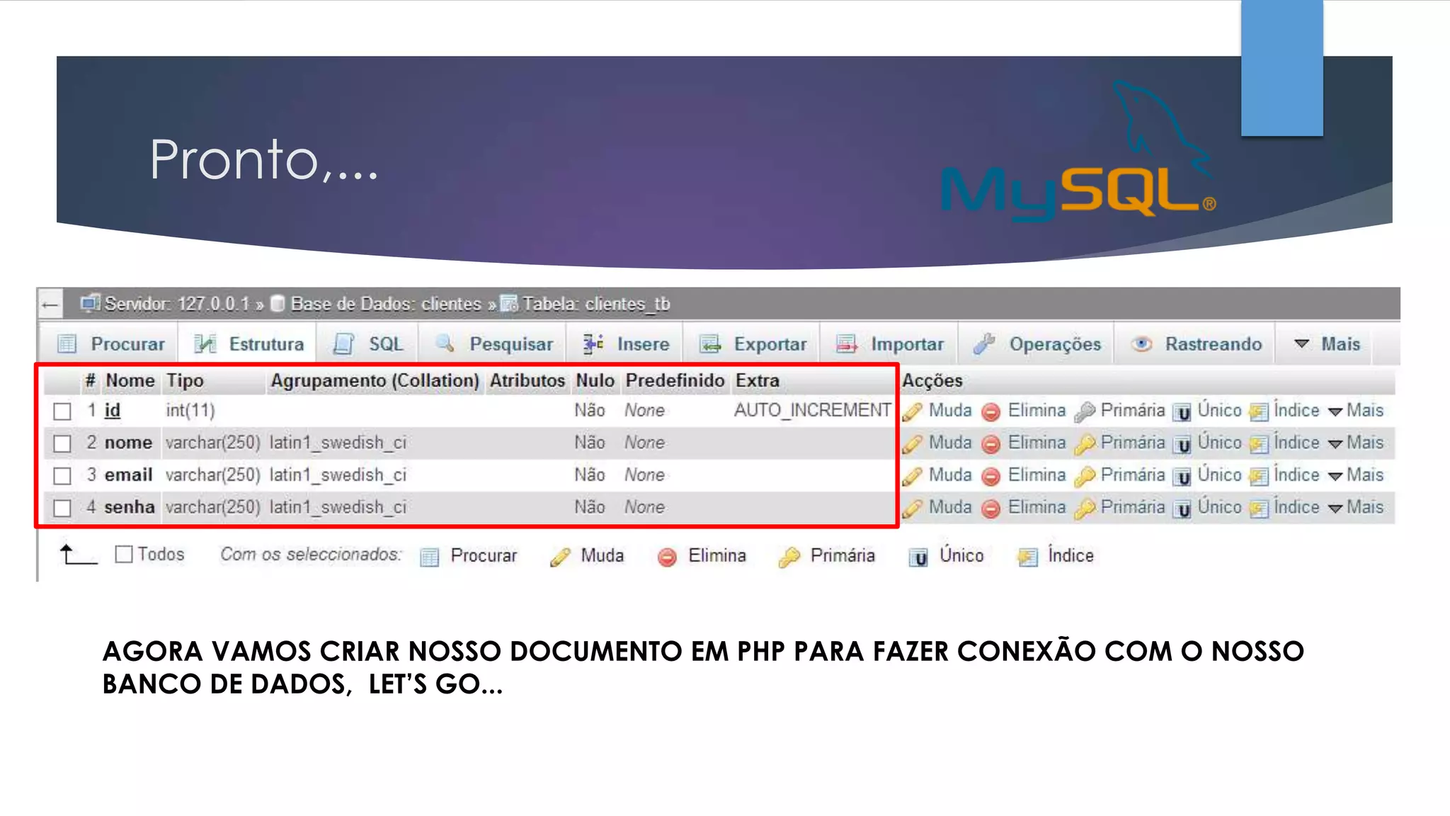 Pronto,...

AGORA VAMOS CRIAR NOSSO DOCUMENTO EM PHP PARA FAZER CONEXÃO COM O NOSSO
BANCO DE DADOS, LET’S GO...

 