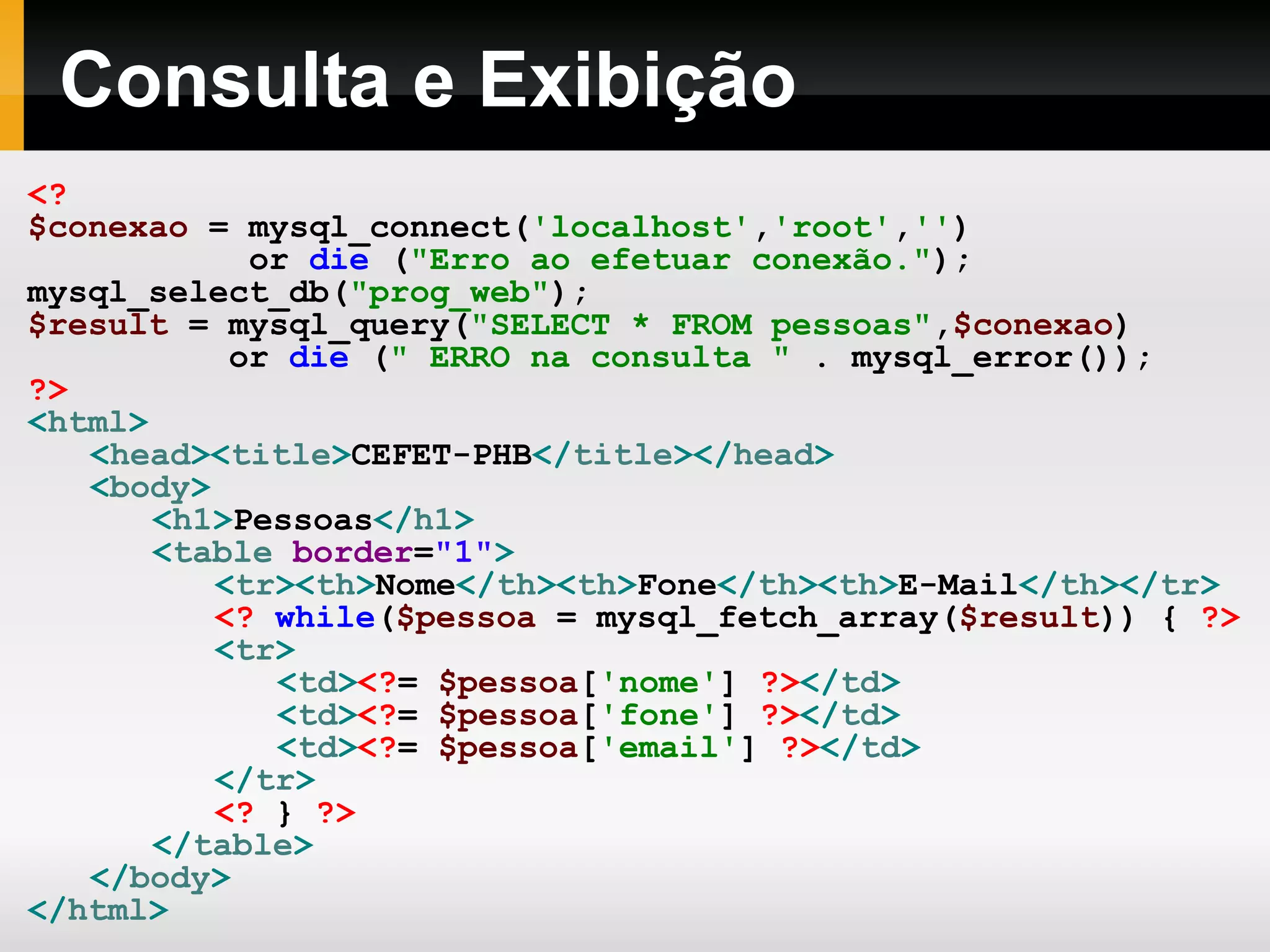 Consulta e Exibição <? $conexao = mysql_connect( 'localhost' , 'root' , '' ) or die ( &quot;Erro ao efetuar conexão.&quot; ); mysql_select_db( &quot;prog_web&quot; ); $result = mysql_query( &quot;SELECT * FROM pessoas&quot; , $conexao ) or die ( &quot; ERRO na consulta &quot; . mysql_error()); ?> < html > < head >< title > CEFET-PHB </ title ></ head > < body > < h1 > Pessoas </ h1 > < table border = &quot;1&quot; > < tr >< th > Nome </ th >< th > Fone </ th >< th > E-Mail </ th ></ tr > <? while ( $pessoa = mysql_fetch_array( $result )) { ?> < tr > < td > <? = $pessoa [ 'nome' ] ?> </ td > < td > <? = $pessoa [ 'fone' ] ?> </ td > < td > <? = $pessoa [ 'email' ] ?> </ td > </ tr > <? } ?> </ table > </ body > </ html > 