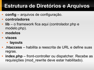 Estrutura de Diretórios e Arquivos config  – arquivos de configuração. controladores lib  – o framework fica aqui (controlador.php e modelo.php). modelos  visoes  layouts  .htaccess  – habilita a reescrita de URL e define suas regras. index.php  – front-controller ou dispatcher. Recebe as requisições (mod_rewrite deve estar habilitado). 