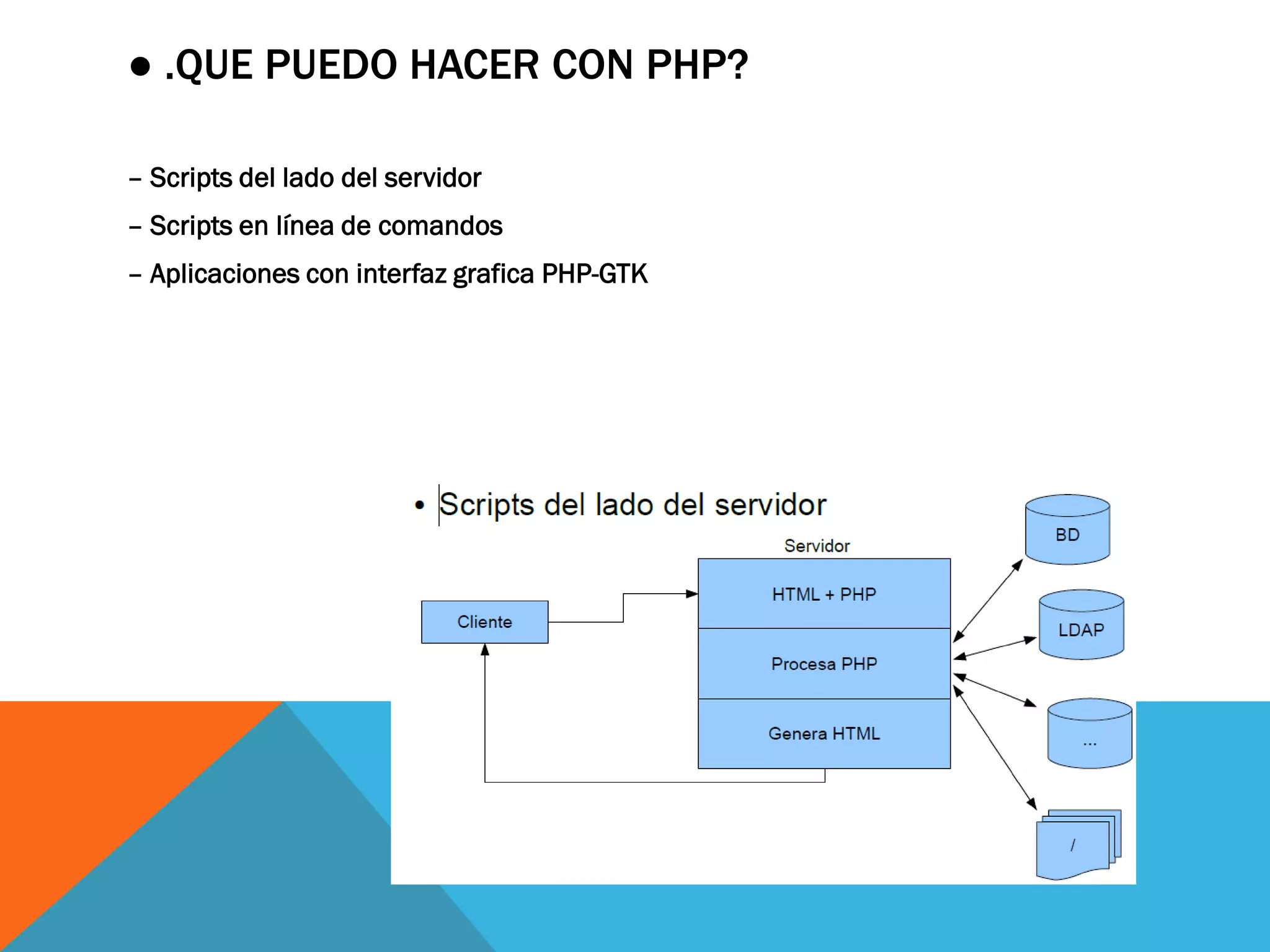 ● .QUE PUEDO HACER CON PHP?

– Scripts del lado del servidor
– Scripts en línea de comandos
– Aplicaciones con interfaz grafica PHP-GTK
 