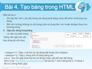 Bài 4. Tạo bảng trong HTML
Một số lưu ý:
- Số cặp thẻ <td> ( số cột) trong các dòng phải bằng nhau để tránh vỡ khung của
bảng
- Đối với ô trống( không có nội dung) nên sử dụng thẻ <br> hoặc &nbsp; thay cho
khoảng trống
5. Gộp cột, dòng trong bảng
- Là việc tùy biến bảng
bằng việc gộp các cột
hay dòng lại với nhau

- colspan=“x”: Gộp x cột tính từ cột đang đặt thuộc tính colspan
- rowspan=“y”: Gộp y hàng tính từ hàng đang xét
Lưu ý: Sau khi gộp phải loại bỏ số dòng( hoặc cột) để cân đối bảng
Xem ví dụ: http://jsbin.com/iqukih/4/edit đã loại bỏ 1 cột ở dòng thứ 2. Vì dòng 1
đã có 2 dòng được gộp.

 