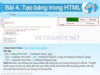 Bài 4. Tạo bảng trong HTML
-

Ví dụ: http://jsbin.com/iqukih/7/edit

Video tham khảo: http://bit.ly/vsnet-table
Bài tập
-Tạo 1 bảng như hình 1 ( baitap/2-btap1.jpg)
- Tạo 1 website như hình 1 và 2 (baitap/2-btap2-1.png và baitap/2-btap2-2.png)
- Tạo 1 website như hình 1 ( baitap/2-btap3.png)
Mặc dù hiện nay không sử dụng table để dựng bố cục trang nhưng nó vẫn là 1 thành
phần quan trọng và cũng để các bạn thấy được khó khăn khi sử dụng table nên tôi
đưa bài tập dựng bố cục trang sử dụng table

 