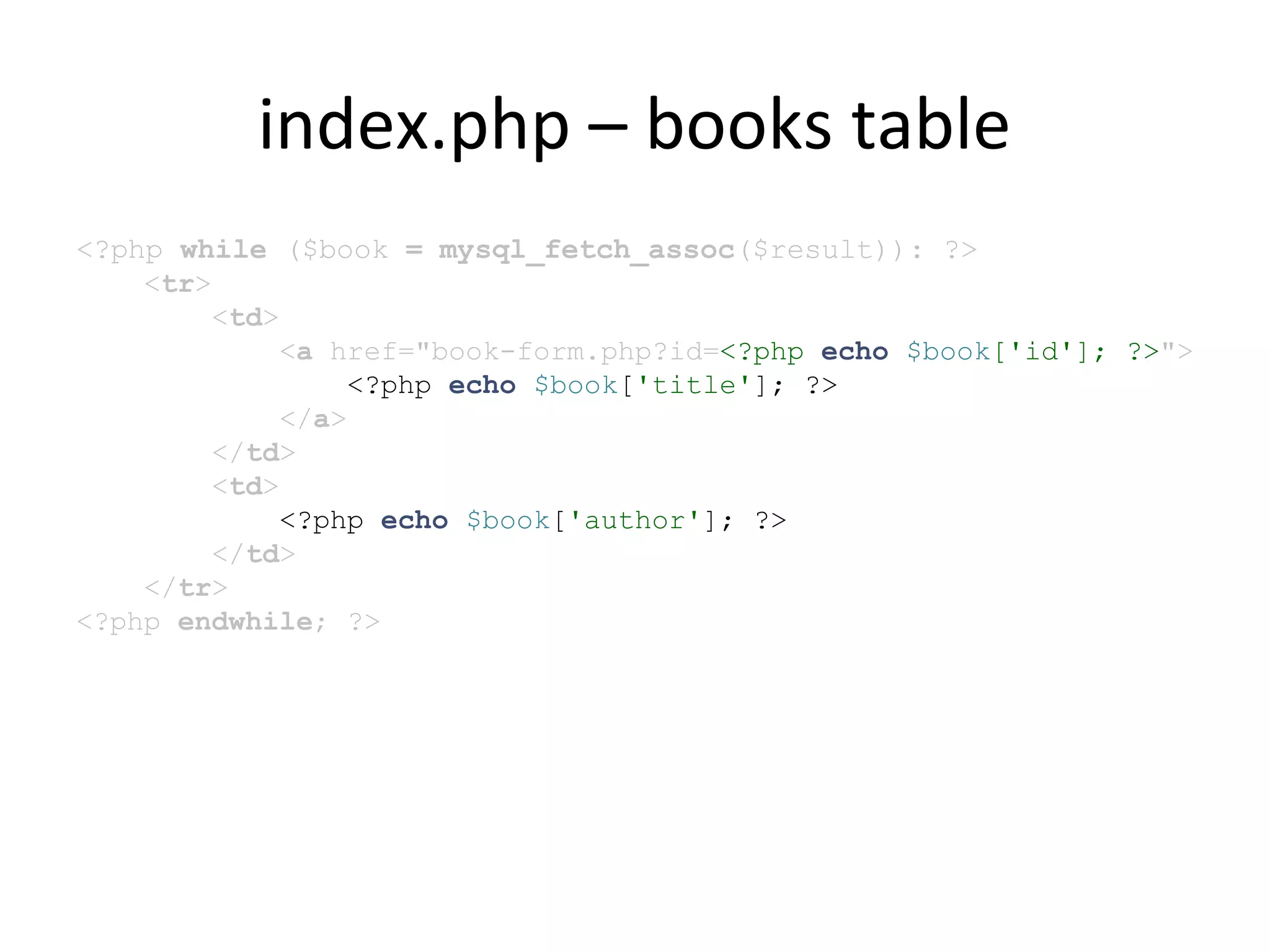 index.php – books table
<?php while ($book = mysql_fetch_assoc($result)): ?>
<tr>
<td>
<a href="book-form.php?id=<?php echo $book['id']; ?>">
<?php echo $book['title']; ?>
</a>
</td>
<td>
<?php echo $book['author']; ?>
</td>
</tr>
<?php endwhile; ?>
 