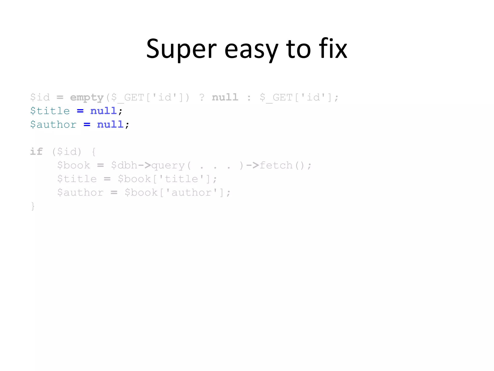 Super easy to fix
$id = empty($_GET['id']) ? null : $_GET['id'];
$title = null;
$author = null;
if ($id) {
$book = $dbh->query( . . . )->fetch();
$title = $book['title'];
$author = $book['author'];
}
 