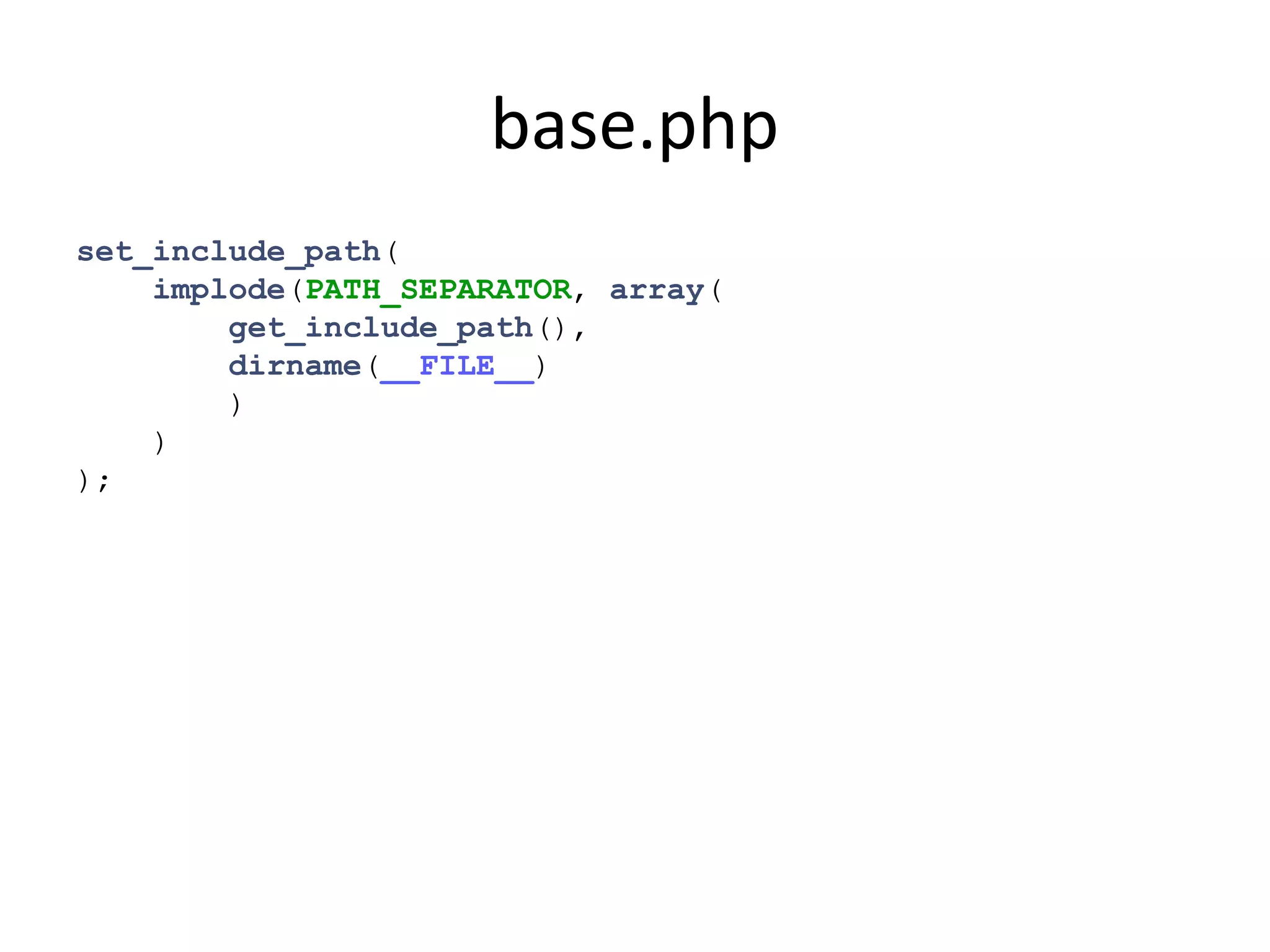 base.php
set_include_path(
implode(PATH_SEPARATOR, array(
get_include_path(),
dirname(__FILE__)
)
)
);
 