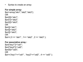 Syntax to create an array: For simple array: $arr=array(“ele1”,”ele2”,”ele3”); OR $arr[0]=“ele1”; $arr[1]=“ele2”; $arr[2]=“ele3”; OR $arr[]=“ele1”; $arr[]=“ele2”; $arr[]=“ele3”; OR $arr=( 0 => “ele1” , 1=> “ele2” , 2 => “ele3” ); For associative array :   $arr[“key1”]=“val1”; $arr[“key2”]=“val2”; $arr[4]=“val3”; OR $arr=(“key1”=>”val1” , “key2”=>”val2” , 4 => “val3” ); 
