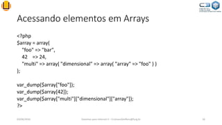 Acessando elementos em Arrays
<?php
$array = array(
"foo" => "bar",
42 => 24,
"multi" => array( "dimensional" => array( "array" => "foo" ) )
);
var_dump($array["foo"]);
var_dump($array[42]);
var_dump($array["multi"]["dimensional"]["array"]);
?>
03/06/2016 Sistemas para Internet II – CristianoSteffens@furg.br 16
 