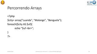 Percorrendo Arrays
<?php
$city= array("Luanda", "Malange", "Benguela");
foreach($city AS $uf){
echo "$uf <br>";
}
?>
03/06/2016 Sistemas para Internet II – CristianoSteffens@furg.br 18
 