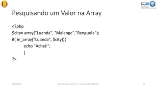 Pesquisando um Valor na Array
<?php
$city= array("Luanda", "Malange","Benguela");
if( in_array("Luanda", $city)){
echo "Achei!";
}
?>
03/06/2016 Sistemas para Internet II – CristianoSteffens@furg.br 19
 