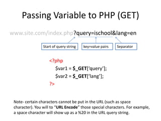 Passing Variable to PHP (GET)
www.site.com/index.php?query=ischool&lang=en
Start of query string key=value pairs Separator
Note- certain characters cannot be put in the URL (such as space
character). You will to “URL Encode” those special characters. For example,
a space character will show up as a %20 in the URL query string.
<?php
$var1 = $_GET[‘query’];
$var2 = $_GET[‘lang’];
?>
 