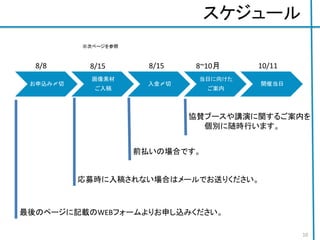 スケジュール
お申込み〆切
画像素材
ご入稿
入金〆切
当日に向けた
ご案内
開催当日
応募時に入稿されない場合はメールでお送りください。
10/118~10月8/15
※次ページを参照
8/8
最後のページに記載のWEBフォームよりお申し込みください。
前払いの場合です。
協賛ブースや講演に関するご案内を
個別に随時行います。
10
8/15
 