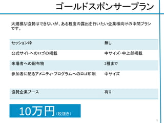 ゴールドスポンサープラン
セッション枠 無し
公式サイトへのロゴの掲載 中サイズ・中上部掲載
来場者への配布物 2種まで
参加者に配るアメニティ・プログラムへのロゴ印刷 中サイズ
協賛企業ブース 有り
5
10万円（税抜き）
大規模な協賛はできないが、ある程度の露出を行いたい企業様向けの中間プラン
です。
 