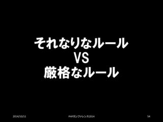 それなりなルール VS 厳格なルール 
2014/10/11 PHPカンファレンス2014 54 
 