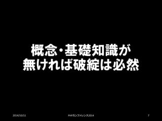 概念・基礎知識が 無ければ破綻は必然 
2014/10/11 PHPカンファレンス2014 7 
 