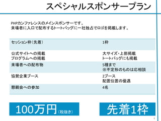 スペシャルスポンサープラン
セッション枠（先着） 1枠
公式サイトへの掲載
プログラムへの掲載
大サイズ・上部掲載
トートバッグにも掲載
来場者への配布物 5種まで
※不定形のものは応相談
協賛企業ブース 2ブース
配置位置の優遇
懇親会への参加 4名
ジョブボードへの掲載 A1 一枚まで
100万円（税抜き）
4
PHPカンファレンスのメインスポンサーです。
来場者に入口で配布するトートバッグに一社独占でロゴを掲載します。
先着1枠
 